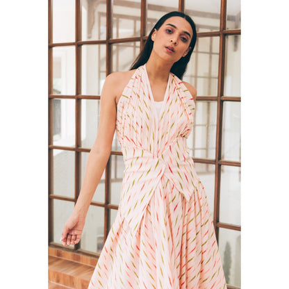 Tarini Vij Eleanor White Printed Maxi Dress with Inner & Belt (Set of 3)