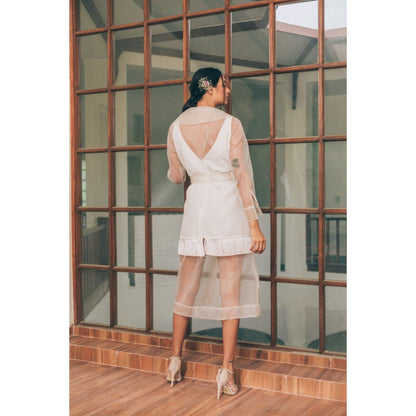 Tarini Vij Kate & Kylie White Sleeveless Mini Dress with Midi-Length Jacket (Set of 3)