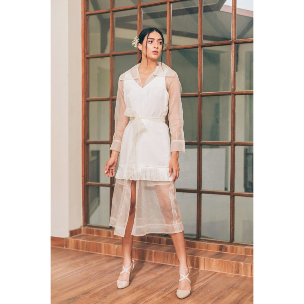 Tarini Vij Kate & Kylie White Sleeveless Mini Dress with Midi-Length Jacket (Set of 3)