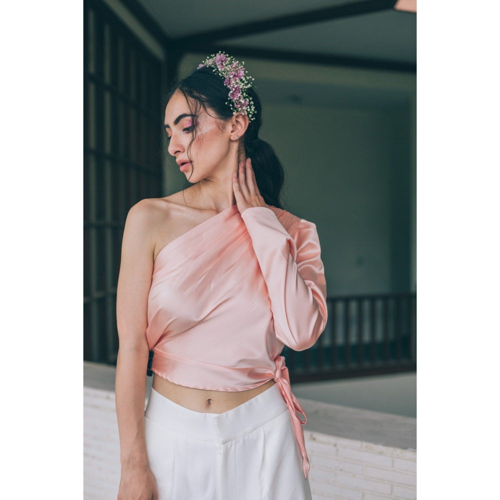 Tarini Vij Sophia One-Shoulder Full Sleeve Salmon Pink Top