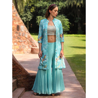 Tarini Vij Powder Blue Jacket with Palazzo & Top (Set of 3)