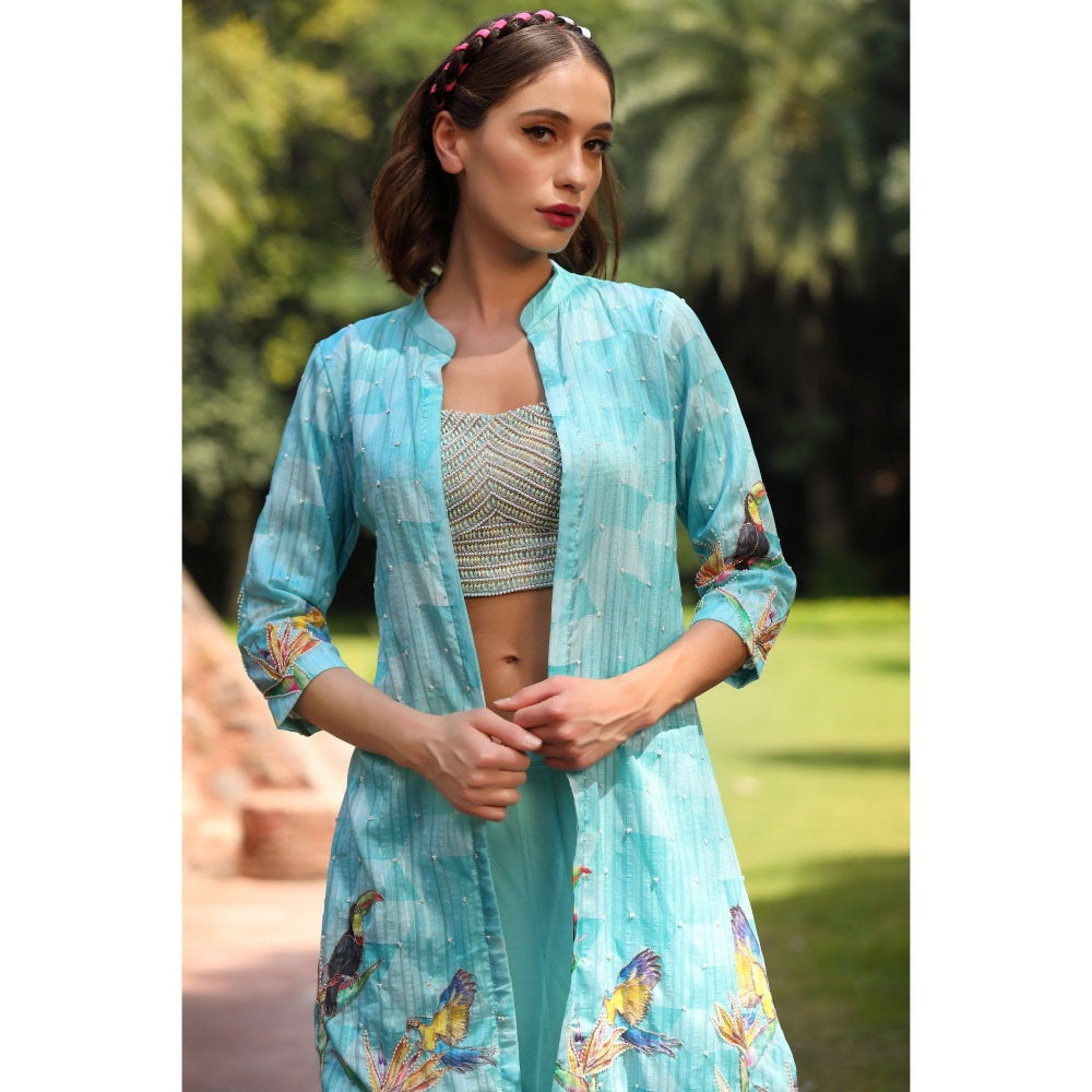 Tarini Vij Powder Blue Jacket with Palazzo & Top (Set of 3)