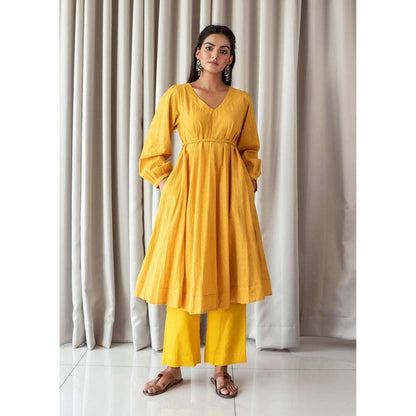 Taro India Bright Mustard Anarkali Kurta and Pant (Set of 3)