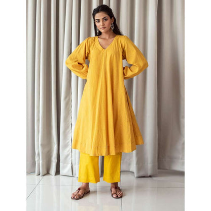 Taro India Bright Mustard Anarkali Kurta and Pant (Set of 3)