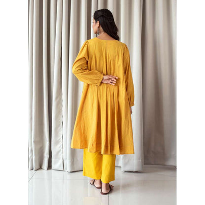 Taro India Bright Mustard Anarkali Kurta and Pant (Set of 3)