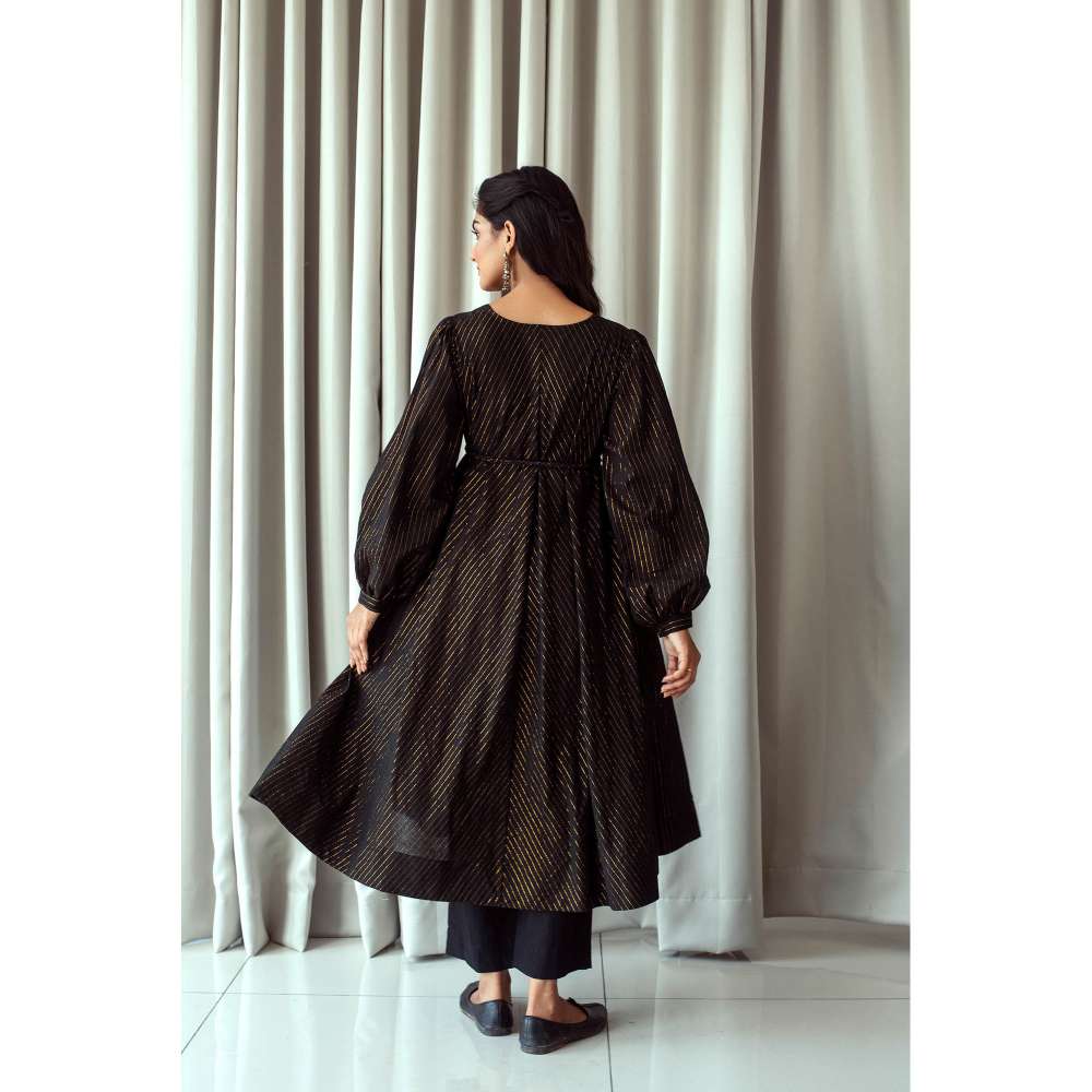 Taro India Black and Gold Anarkali Kurta and Pant (Set of 3)