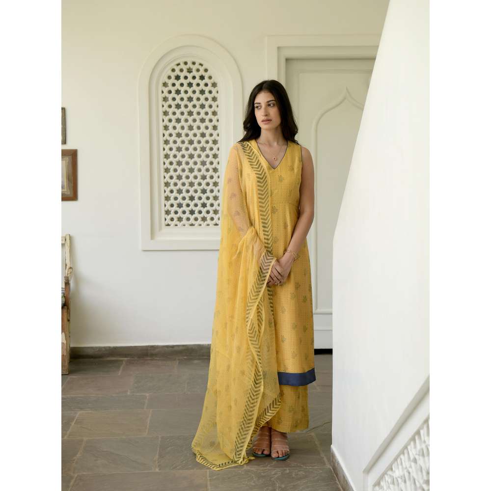 Taro india Mustard and Cornflower Kurta with Pant and Dupatta (Set of 3)