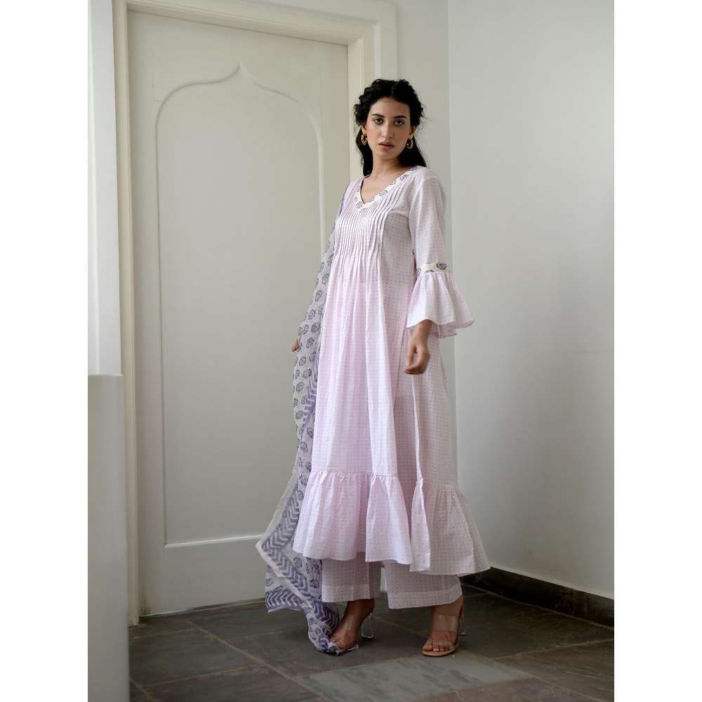 Taro india Rosy Flamingo Pleated Kurta with Pant and Dupatta (Set of 3)
