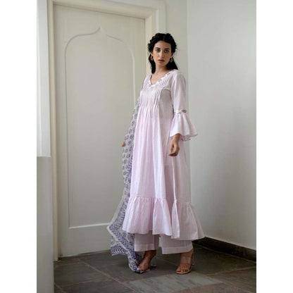 Taro india Rosy Flamingo Pleated Kurta with Pant and Dupatta (Set of 3)