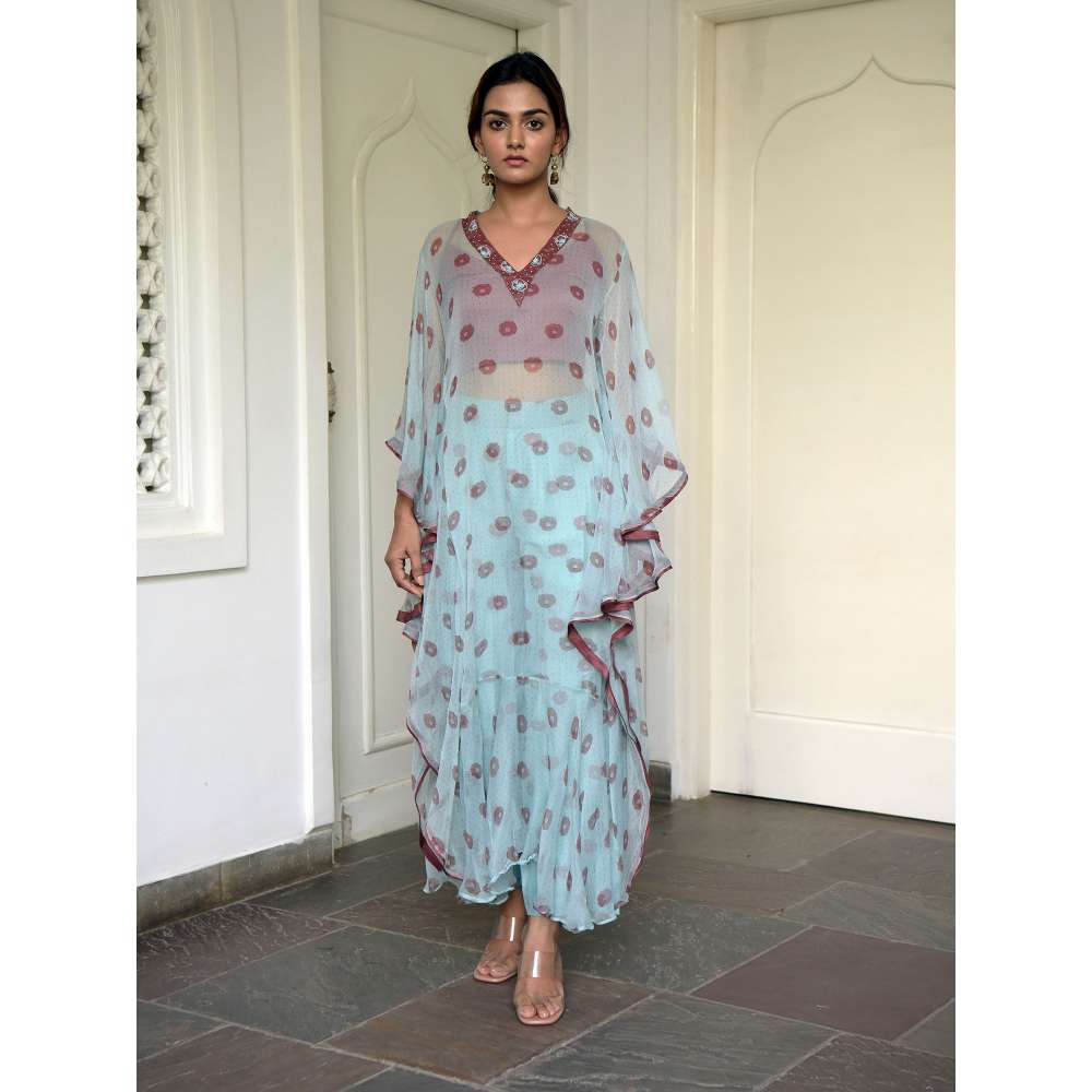 Taro india Turquoise Horizon Kaftan with Bustier and Pant (Set of 3)