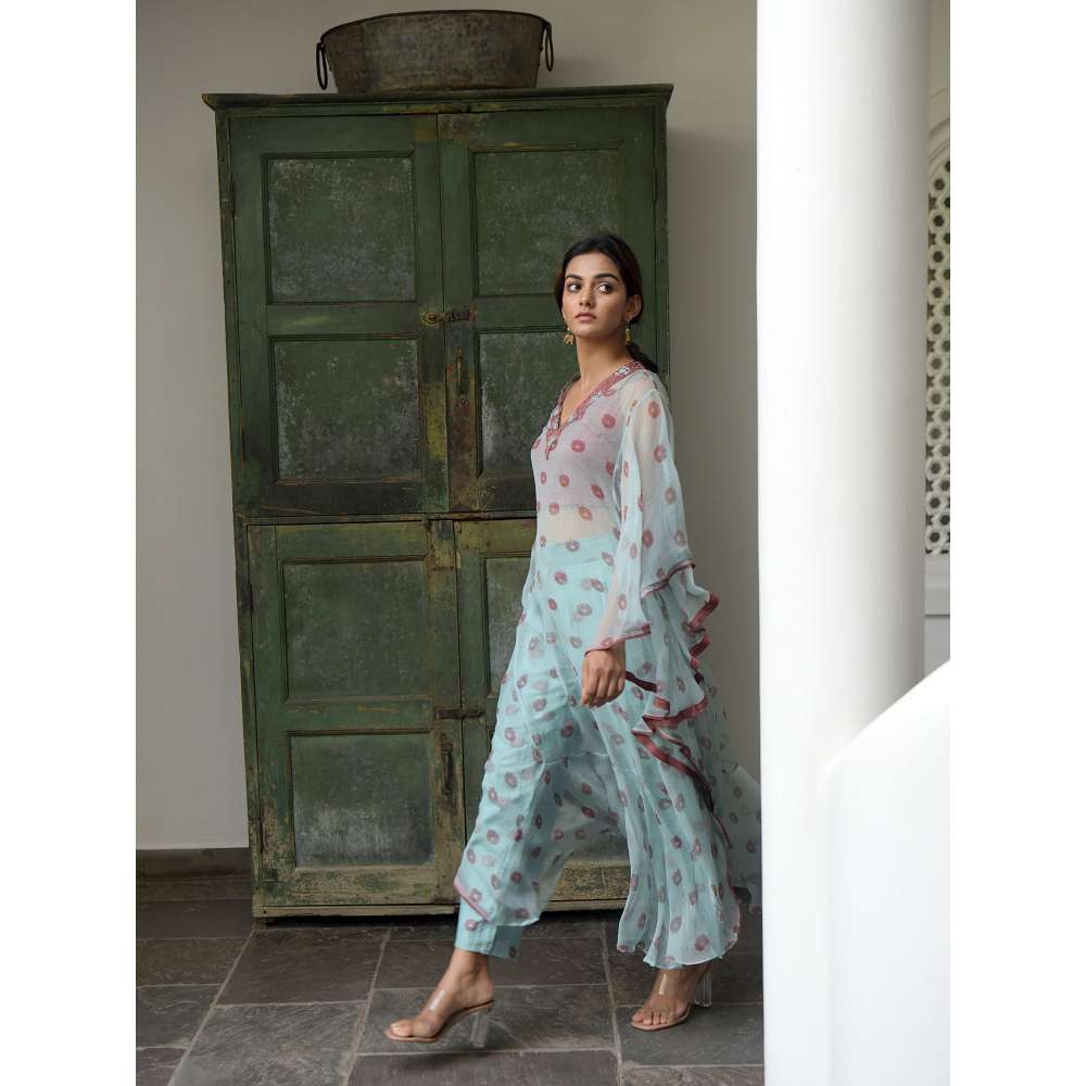 Taro india Turquoise Horizon Kaftan with Bustier and Pant (Set of 3)