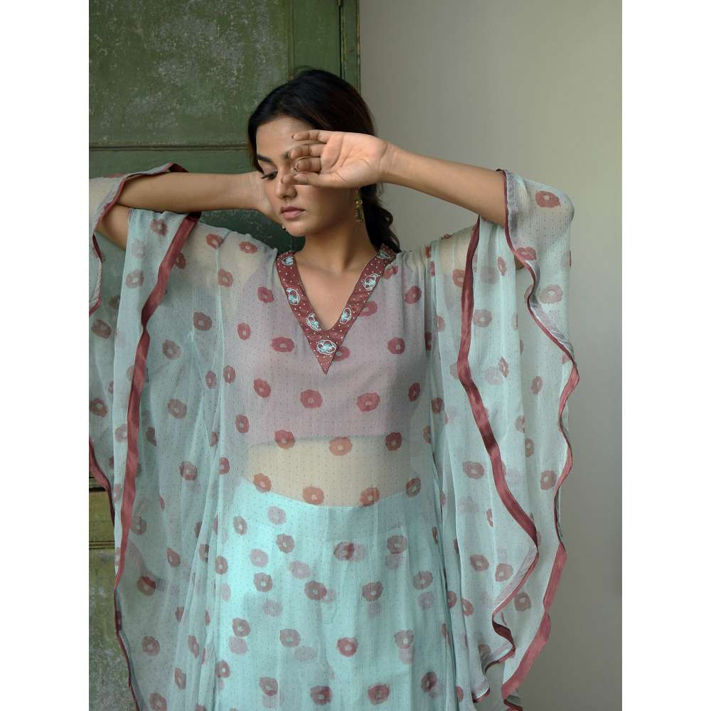 Taro india Turquoise Horizon Kaftan with Bustier and Pant (Set of 3)