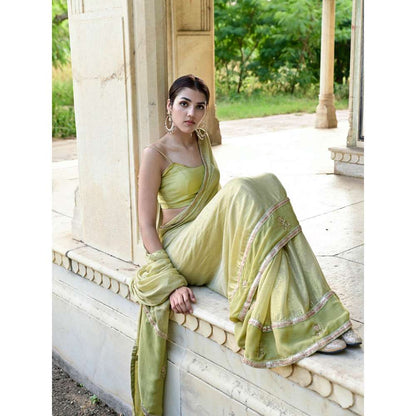 Taro India Sada bahar Green Embellished Saree with Unstitched Blouse