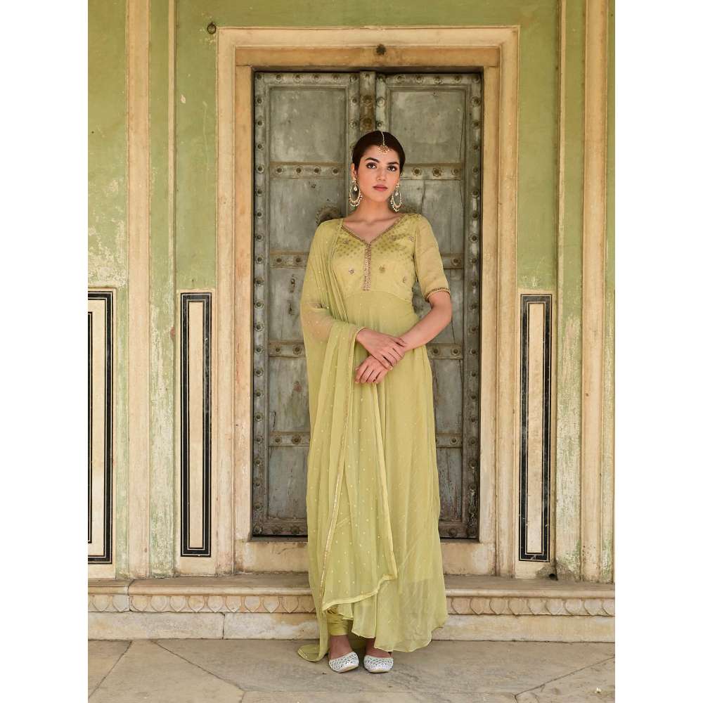 Taro India Sada Bahar Green Anarkali Kurta with Churidar & Dupatta (Set of 3)