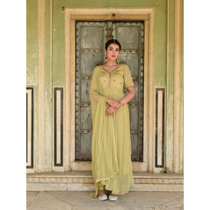 Taro India Sada Bahar Green Anarkali Kurta with Churidar & Dupatta (Set of 3)