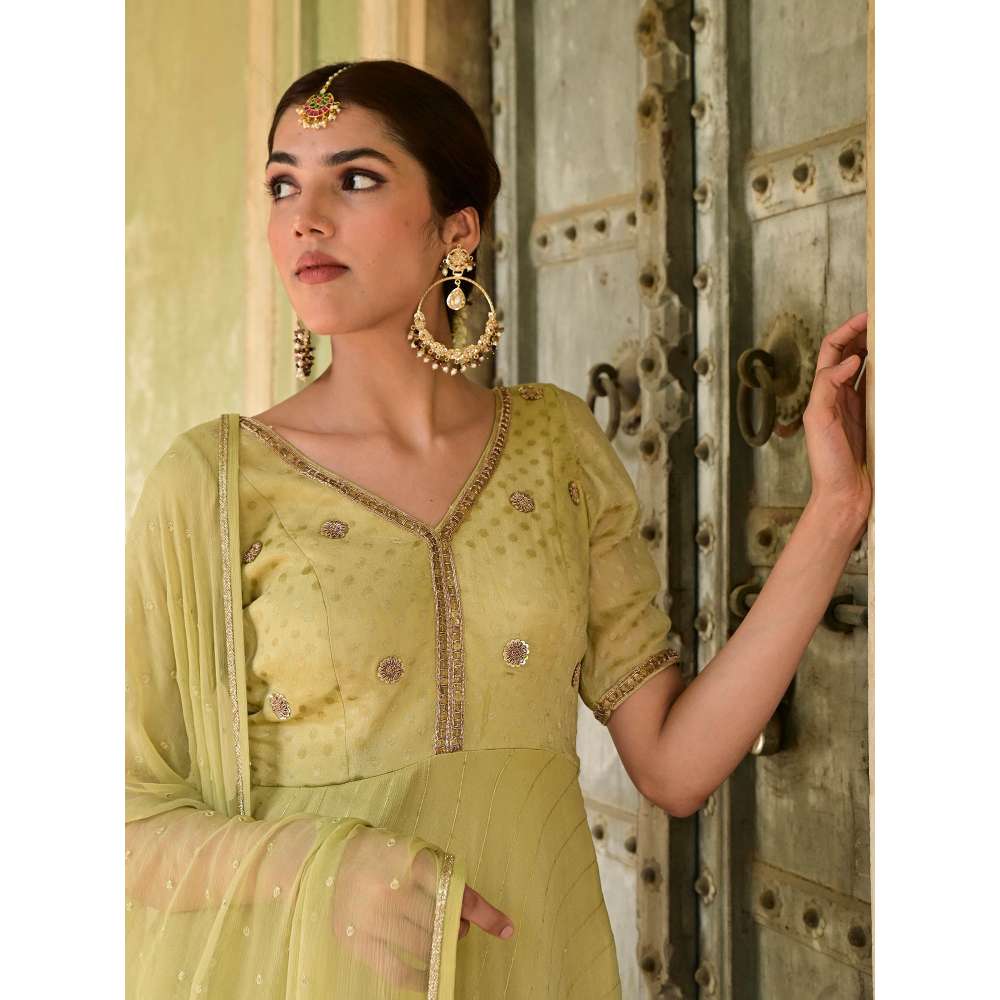 Taro India Sada Bahar Green Anarkali Kurta with Churidar & Dupatta (Set of 3)