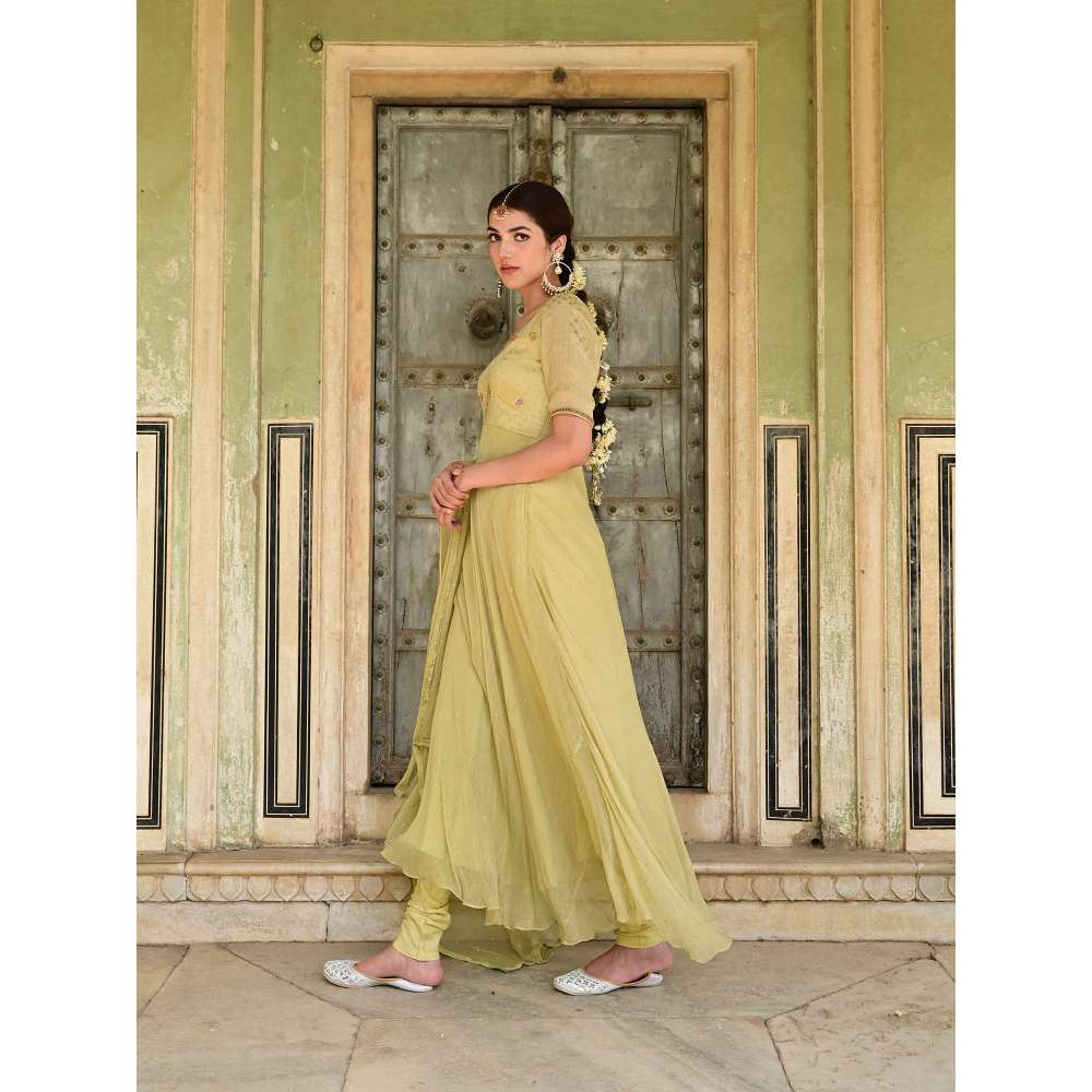 Taro India Sada Bahar Green Anarkali Kurta with Churidar & Dupatta (Set of 3)
