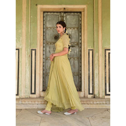 Taro India Sada Bahar Green Anarkali Kurta with Churidar & Dupatta (Set of 3)