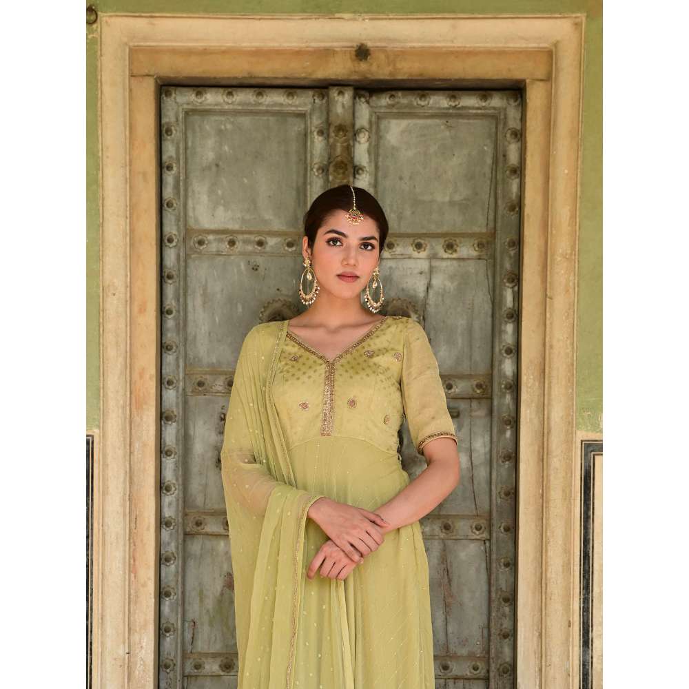 Taro India Sada Bahar Green Anarkali Kurta with Churidar & Dupatta (Set of 3)