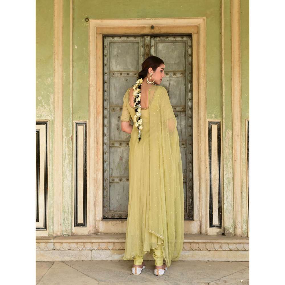Taro India Sada Bahar Green Anarkali Kurta with Churidar & Dupatta (Set of 3)