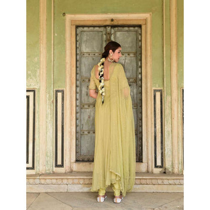Taro India Sada Bahar Green Anarkali Kurta with Churidar & Dupatta (Set of 3)