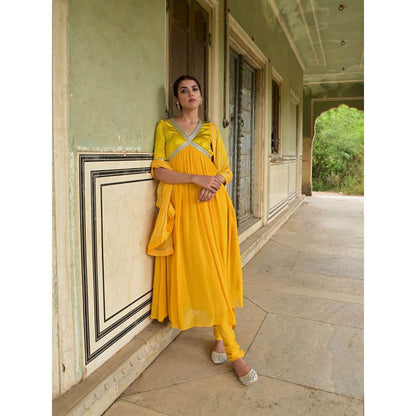 Taro India Kaner Yellow Anarkali Kurta with Churidar & Dupatta (Set of 3)
