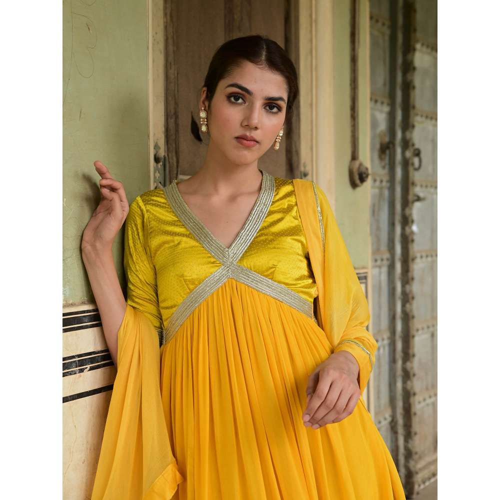 Taro India Kaner Yellow Anarkali Kurta with Churidar & Dupatta (Set of 3)