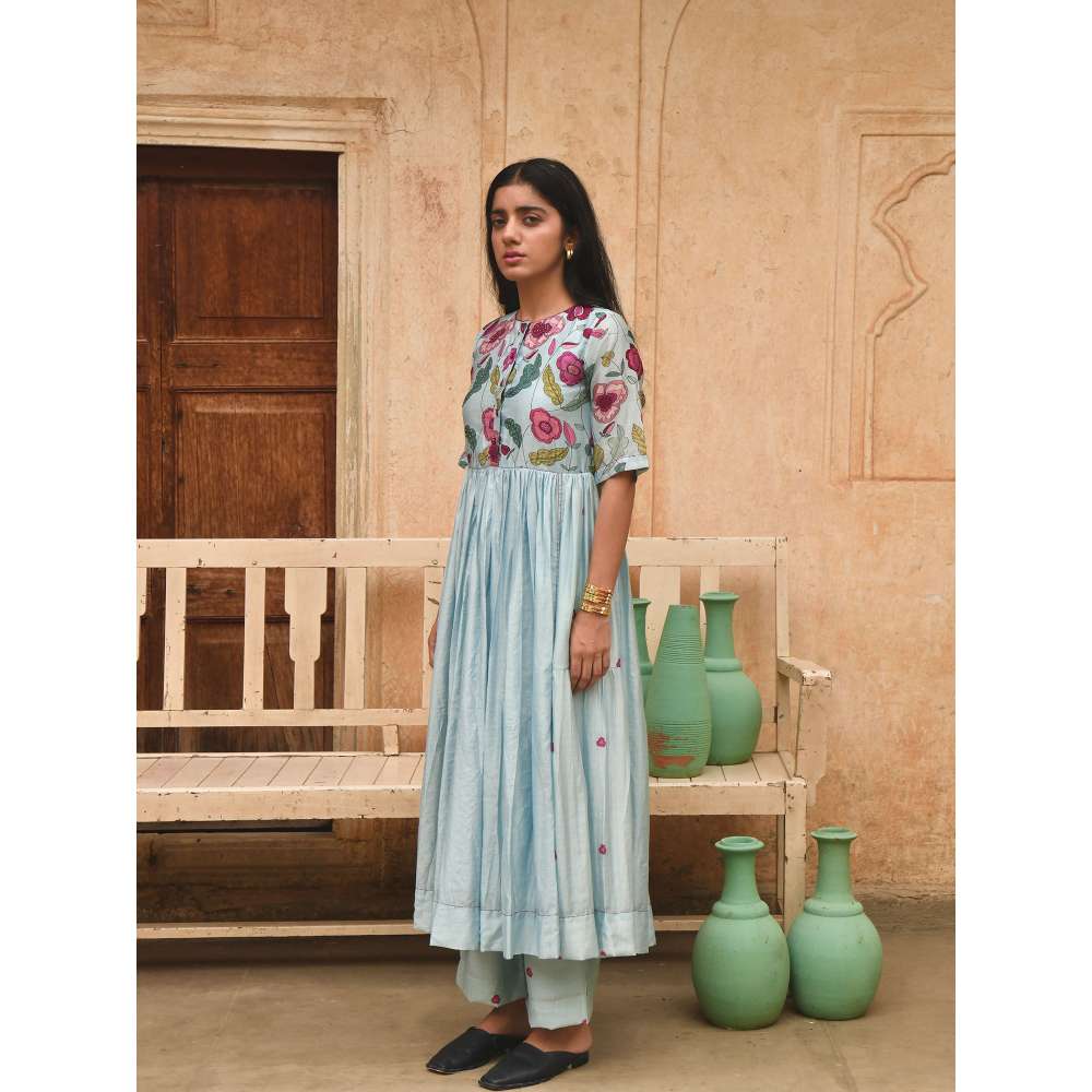 Taro India Blue Daisy Kurta with Pant (Set of 2)