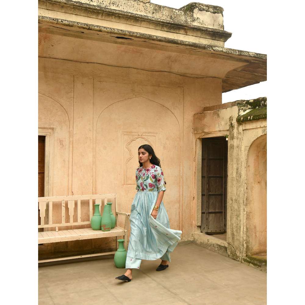 Taro India Blue Daisy Kurta with Pant (Set of 2)