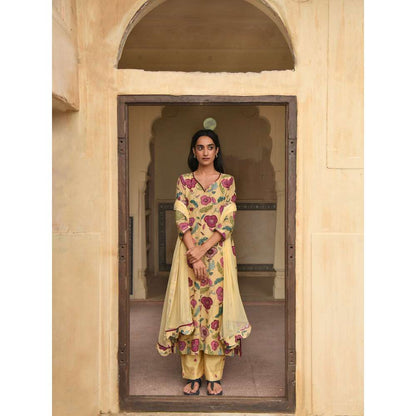 Taro India Corn Yellow Kurta with Pant and Dupatta (Set of 3)