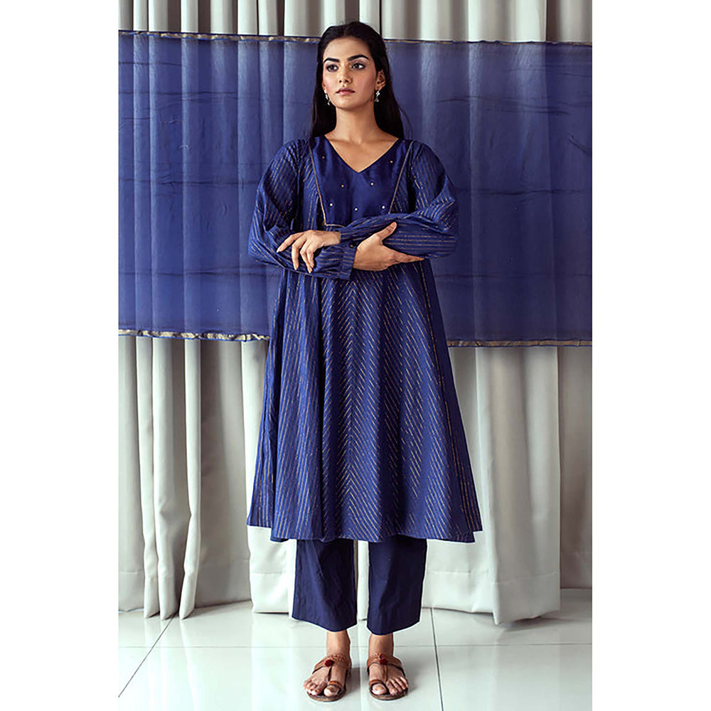 Taro India Blue And Gold Kurta With Pant And Dupatta