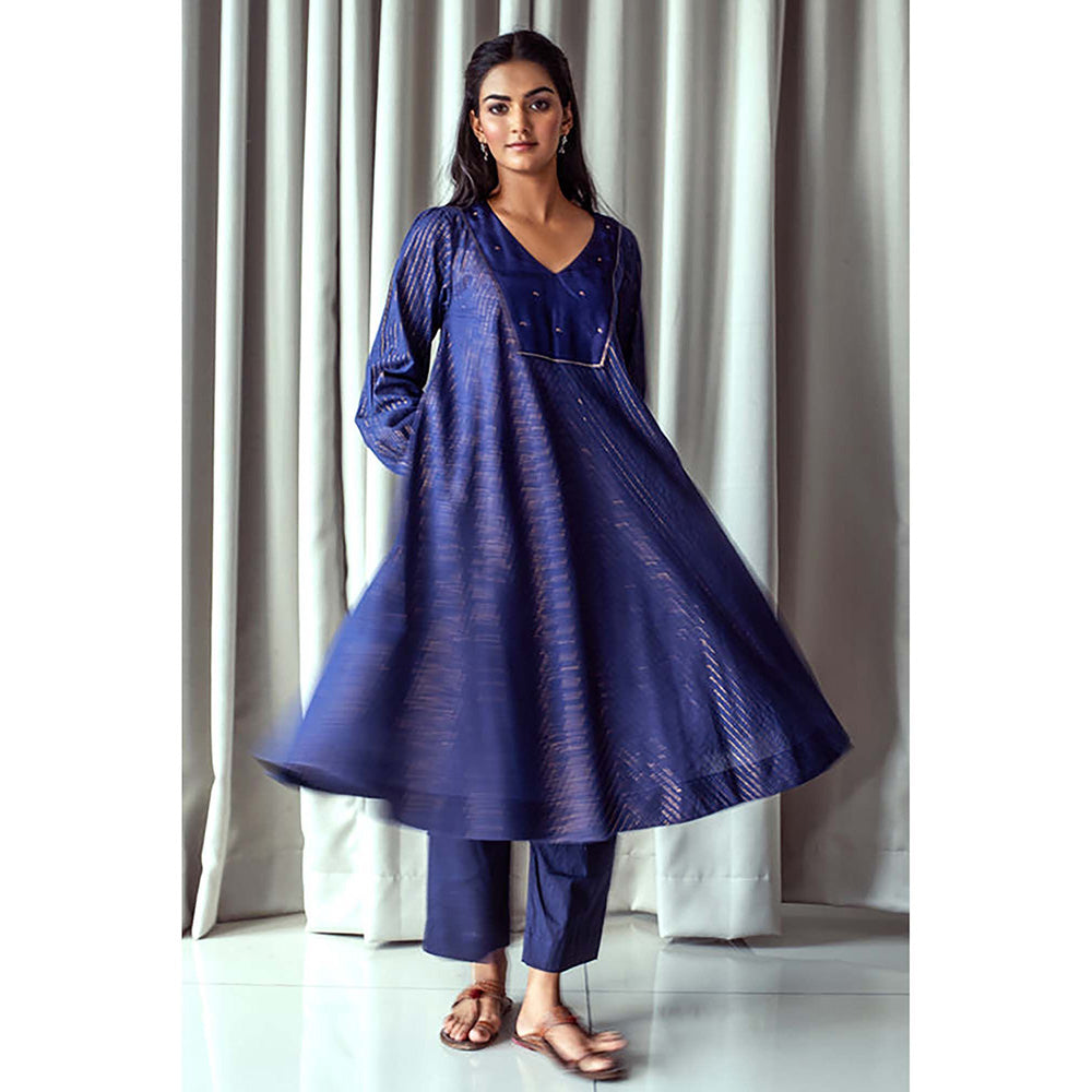 Taro India Blue And Gold Kurta With Pant And Dupatta
