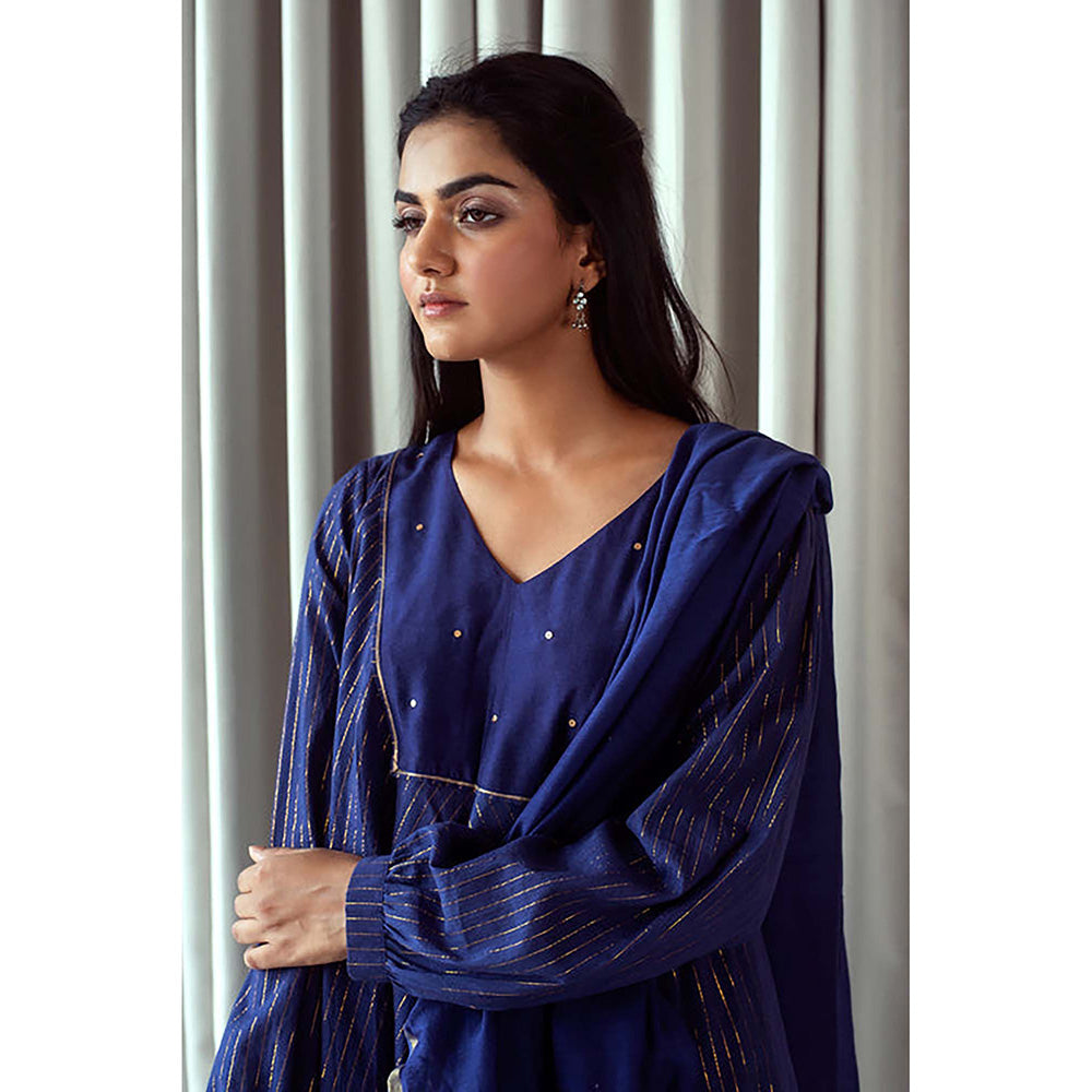 Taro India Blue And Gold Kurta With Pant And Dupatta