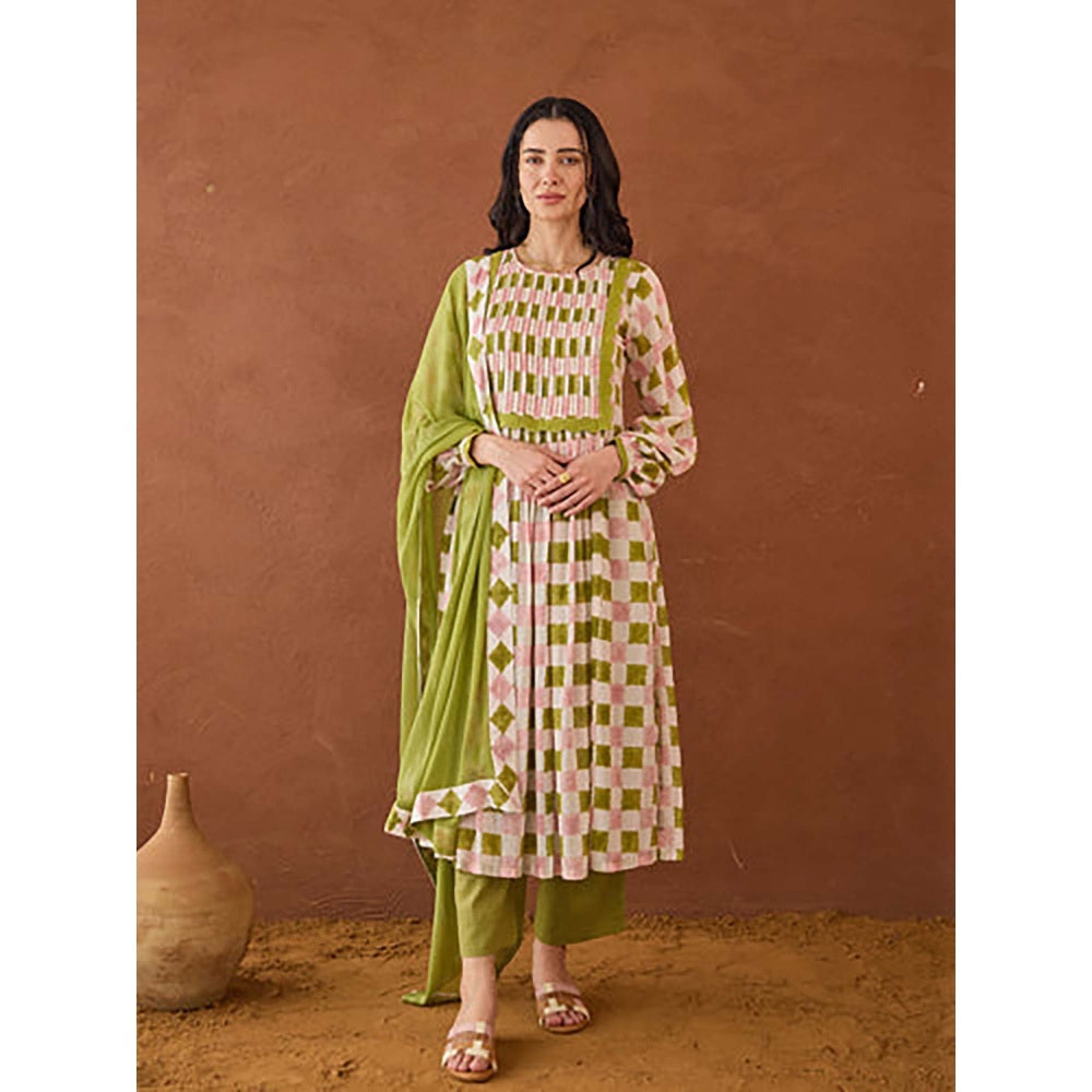 Taro India Beige Plaid Kurta With Pant And Dupatta