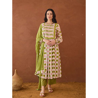 Taro India Beige Plaid Kurta With Pant And Dupatta