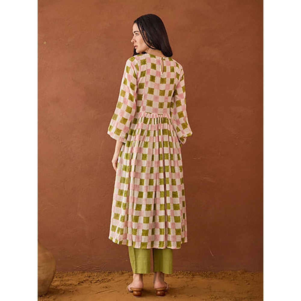 Taro India Beige Plaid Kurta With Pant And Dupatta