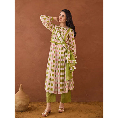 Taro India Beige Plaid Kurta With Pant And Dupatta
