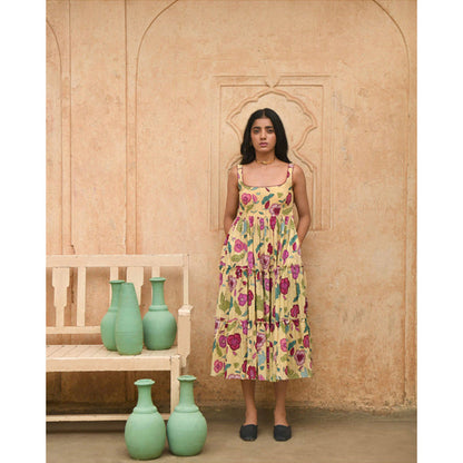 Taro India Grapefruit Floral Midi Dress