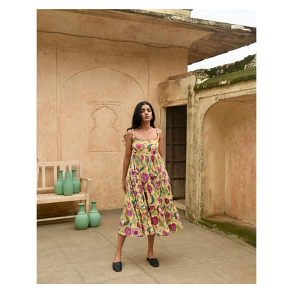 Taro India Grapefruit Floral Midi Dress