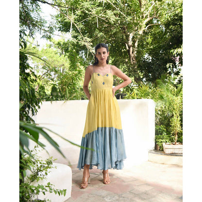 Taro India Oyster Yellow And Teal Maxi Dress