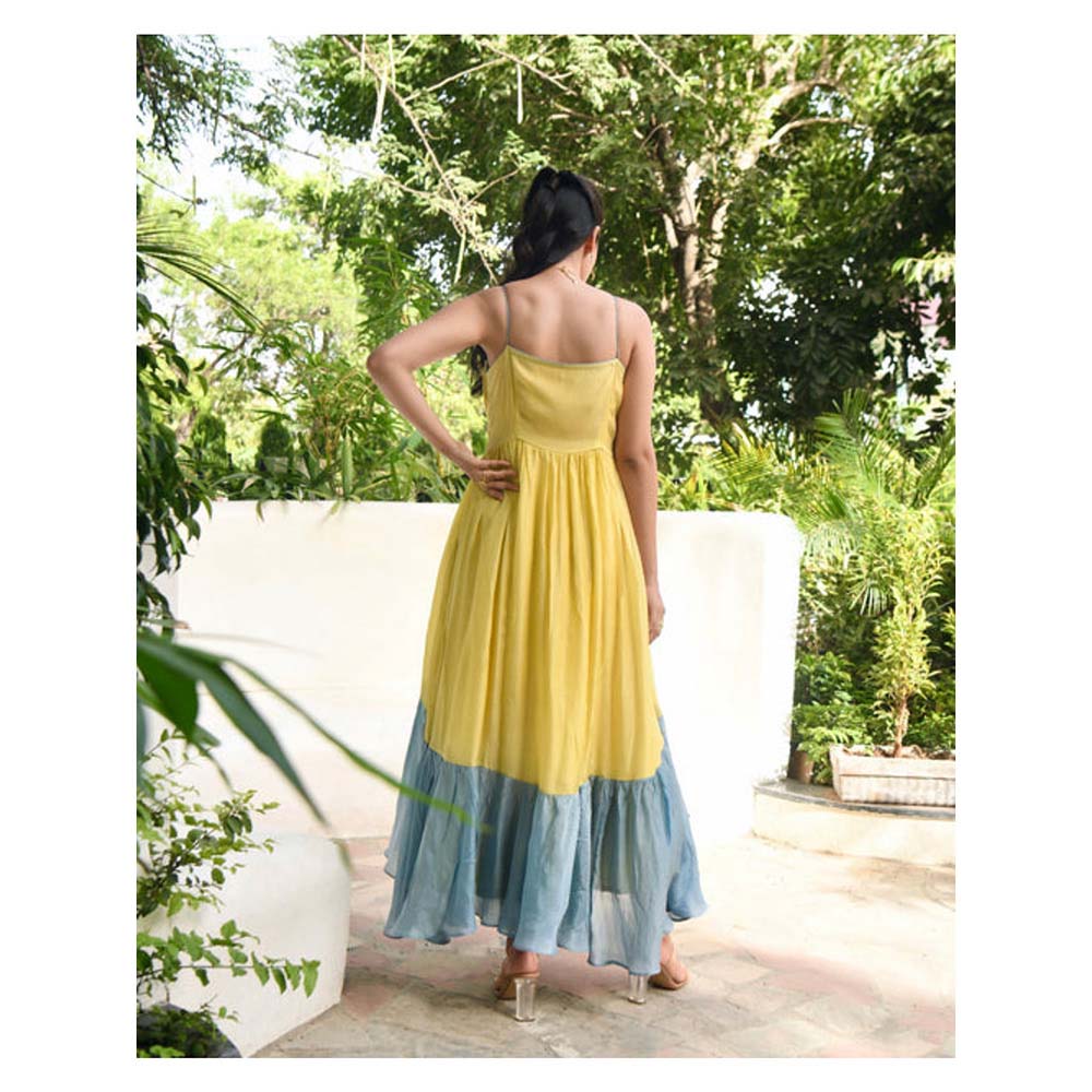 Taro India Oyster Yellow And Teal Maxi Dress