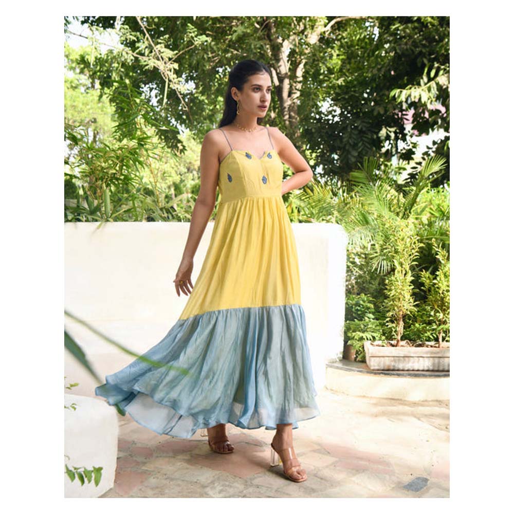 Taro India Oyster Yellow And Teal Maxi Dress