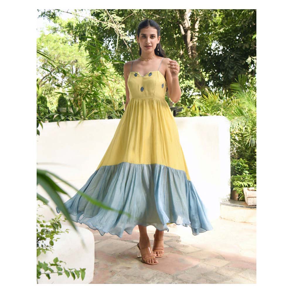 Taro India Oyster Yellow And Teal Maxi Dress