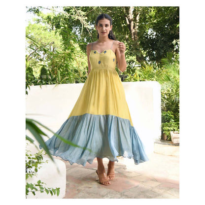 Taro India Oyster Yellow And Teal Maxi Dress