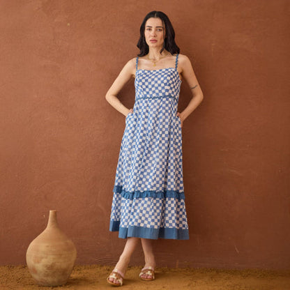 Taro India Gingham Blue Maxi Dress