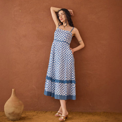 Taro India Gingham Blue Maxi Dress