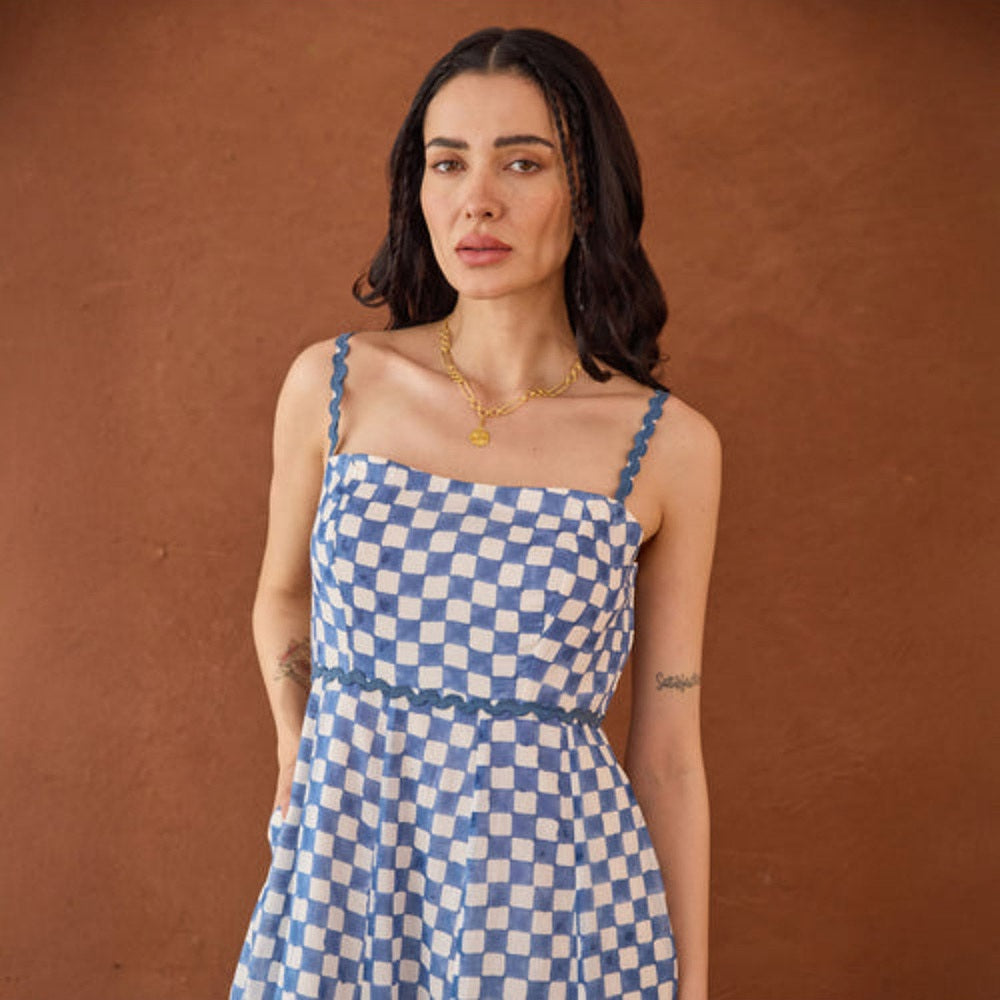 Taro India Gingham Blue Maxi Dress