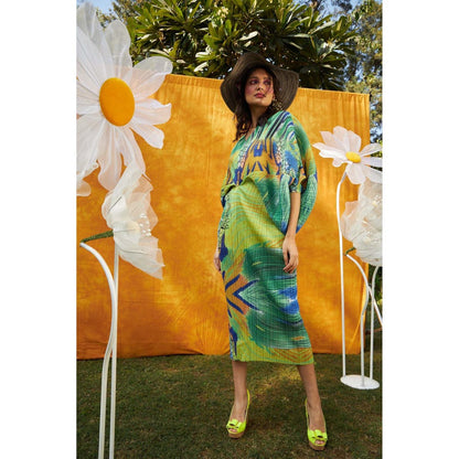 TASUVURE Green Kristen Kimono Kitsch Printed Midi Dress