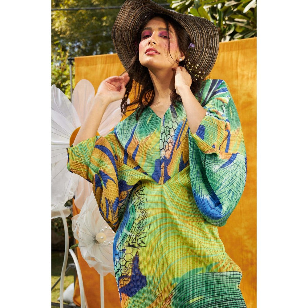 TASUVURE Green Kristen Kimono Kitsch Printed Midi Dress