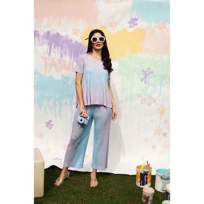 TASUVURE Blue Shirley Sleek Ombre Pleated Co-Ord (Set of 2)